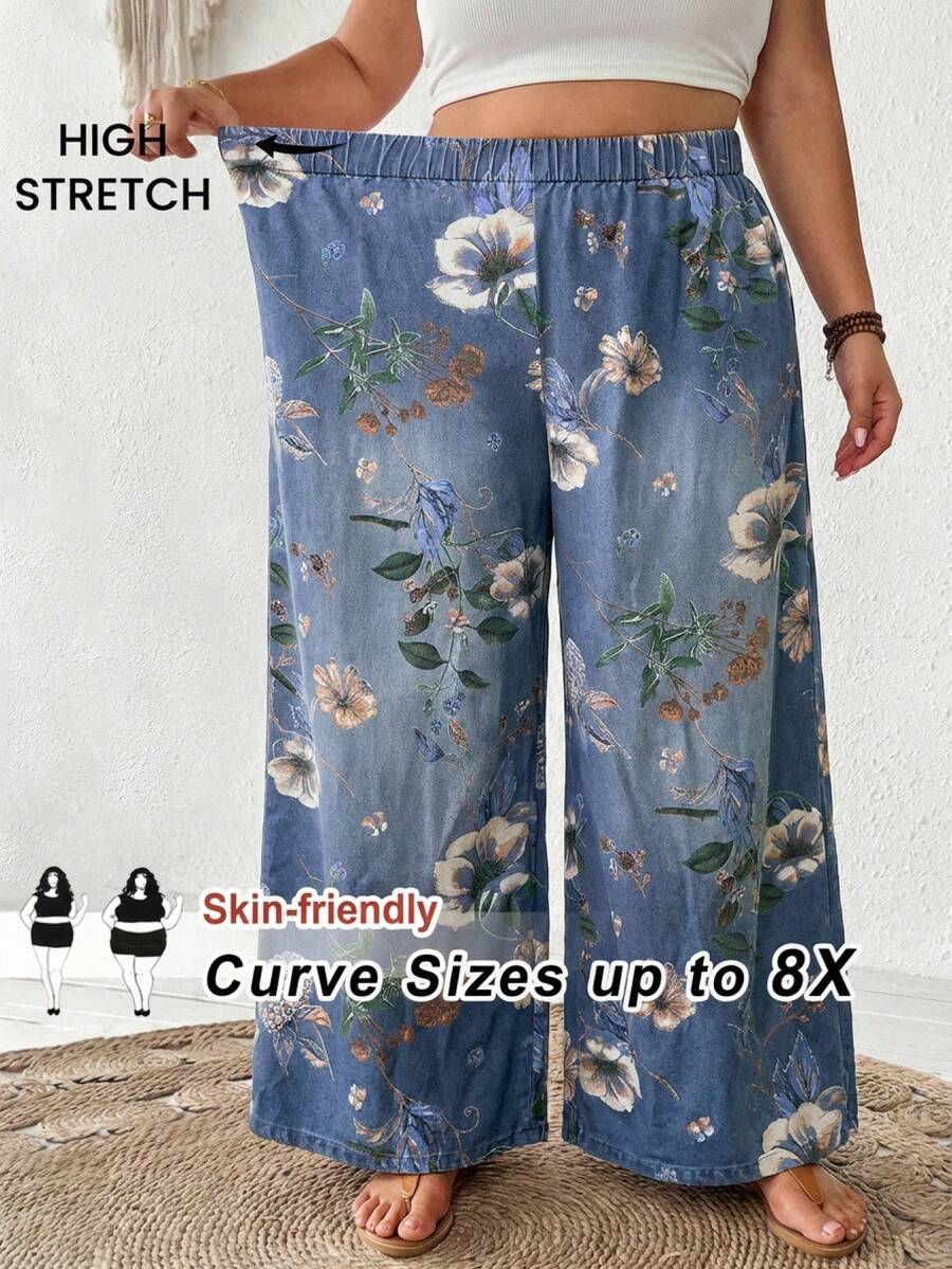 SHEIN CURVE+ 大码女式条纹弹力腰阔腿宽松休闲裤,适合夏季/乡村/海滩度假穿着,也适合海滩休闲穿着。 - 彩色 - 查看 1