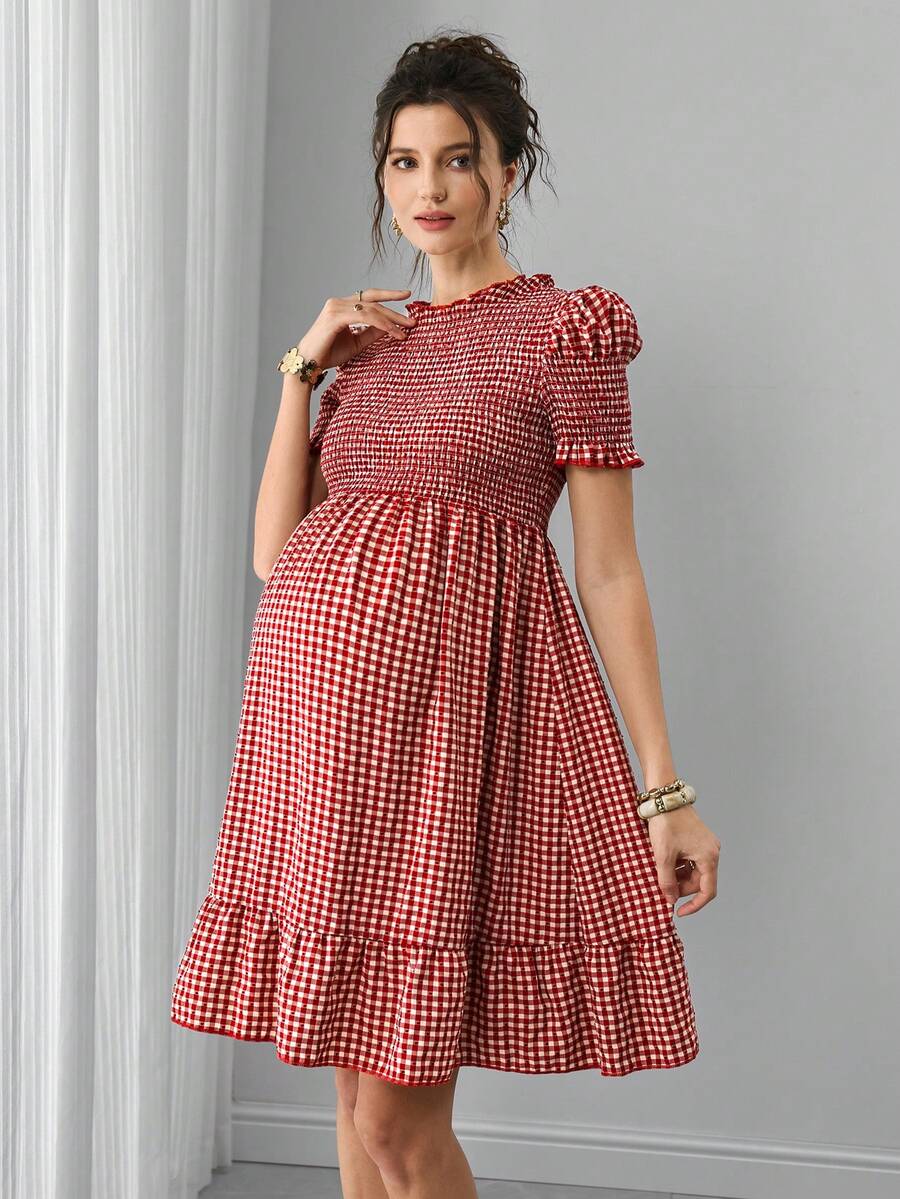 Women's Red Plaid Ruffle Collar Maternity Dress, Elastic Waist A-Line Skirt, Romantic Beach Vacation Style - Red - View 1