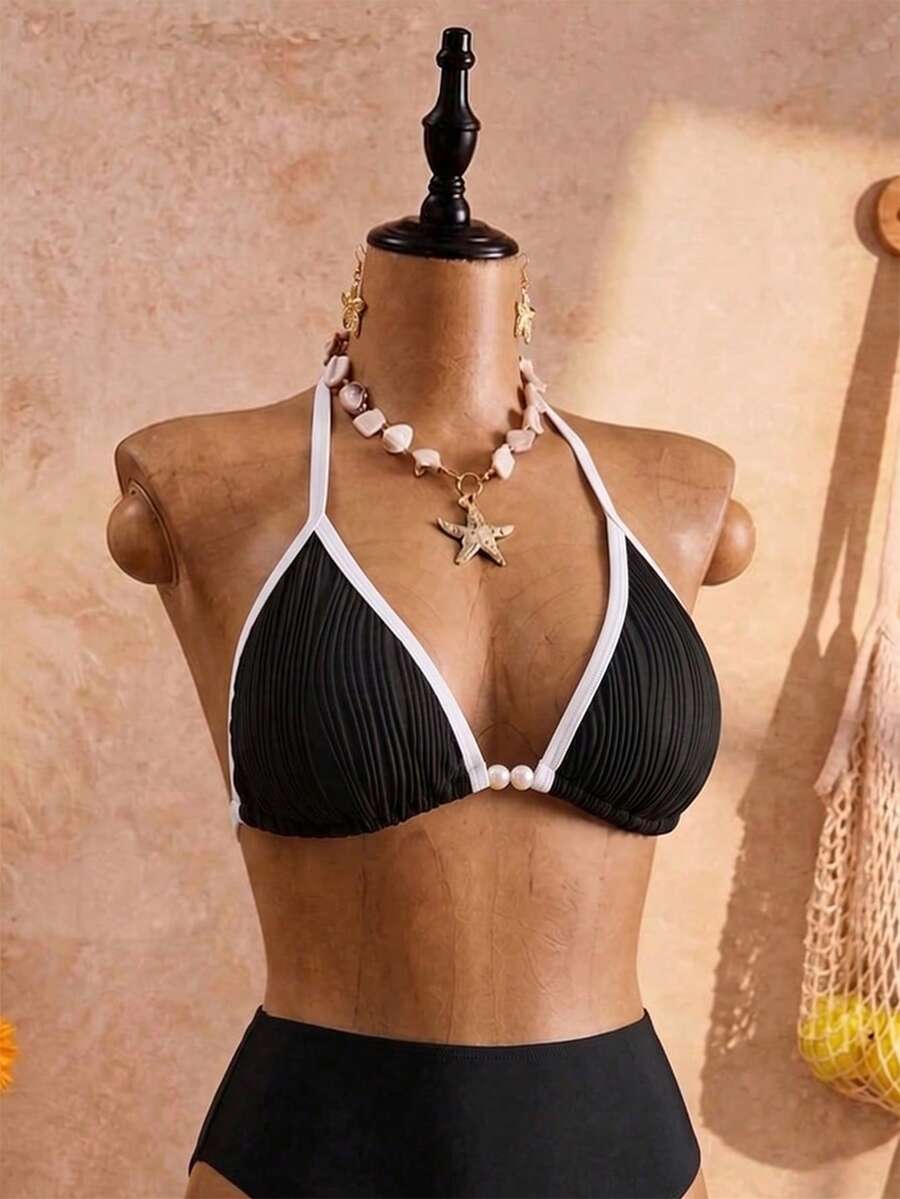 Swim Vcay Plus Size One-Piece Swimwear, Solid Color Textured Fabric, Contrast Color Halter Neck, Sexy Vacation Style - Black - View 1