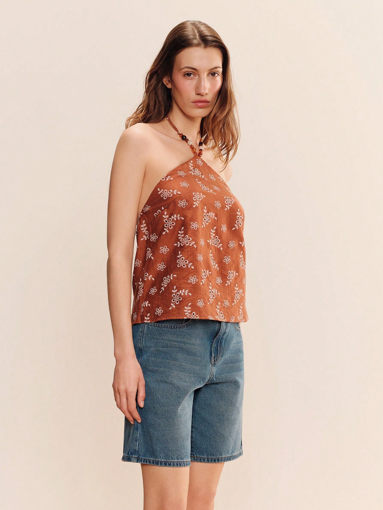 Floral Terracotta Halter Top With Bead Necklace Detail Cute Spring Summer Style