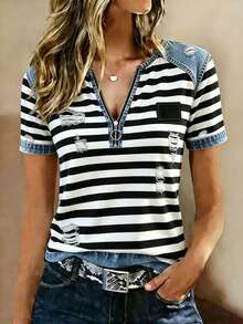 EMERY ROSE Camiseta de manga corta con estampado a rayas y efecto desgastado casual, diseño de cuello en V con cremallera, para verano - Multicolor - Ver 4