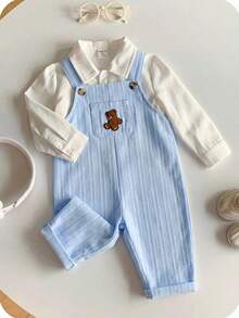 SHEIN Bộ yếm ăn cho bé trai kiểu dáng thường ngày, dễ thương, đa năng, họa tiết gấu hoạt hình kẻ sọc. - Màu xanh lam - Xem 6