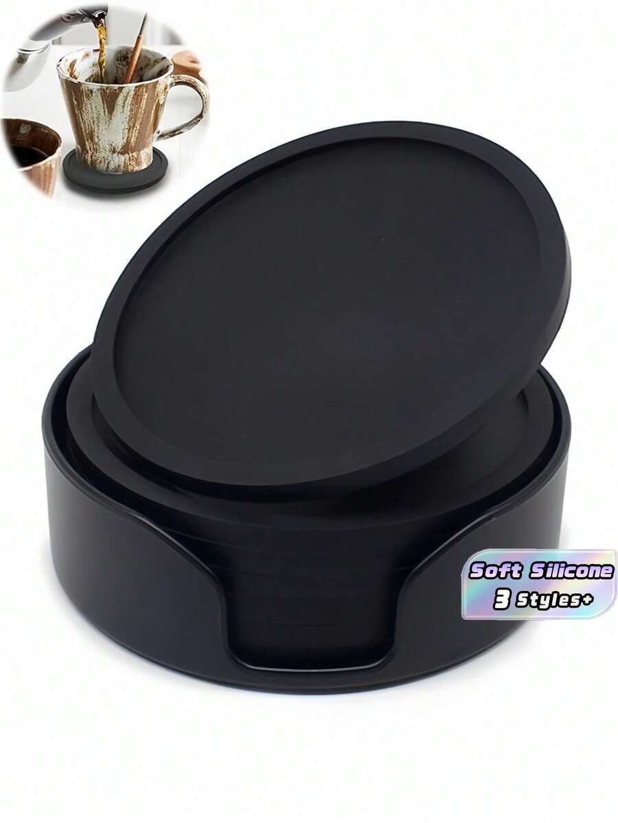 1/3/6PCS Black Silicone Cup Coasters Drinks, Heat Resistant Glass Cushion, Coffee Table&Bar Furniture Protection&Hot Cup Mat Christmas For Holiday Gift Giving - Black - View 1