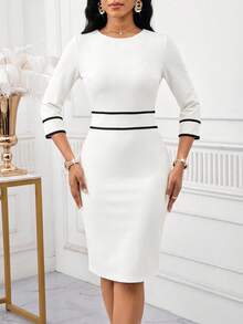SHEIN Lady Váy dự tiệc dài vừa phải họa tiết chắp vá thanh lịch dành cho nữ - trắng - Xem 4