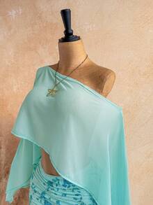 Soleia Bộ 2 món dành cho nữ: Áo khoác ngoài cổ lệch gợi cảm + Chân váy mini xếp ly đính đá bằng chiffon, trang phục thường ngày cho kỳ nghỉ biển, hẹn hò, tiệc trà chiều, đi biển, du thuyền, du lịch thành phố, lễ hội âm nhạc, tiệc tùng, kỳ nghỉ phong cách boho, đi làm hàng ngày, trang phục nghỉ dưỡng gợi cảm, chất liệu móc len, vải lanh. - Màu xanh bạc hà - Xem 4