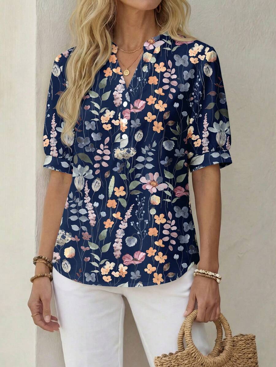 EMERY ROSE 休闲简约度假波西米亚风优雅浪漫复古花卉水彩彩色印花图案,适合音乐节、海滩装扮、度假装扮、女士夏季服装、女士衬衫 - 彩色 - 查看 1