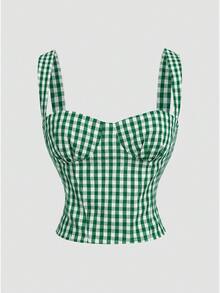 SHEIN MOD 红白格子修身胸衣女式衬衫 - 綠色 - 查看 8