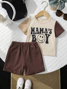 SHEIN 2pcs/Set Baby Boy Mother's Day Outfit,Beige Summer Casual Cute Beach Short Sleeve T-Shirt Graphic Knit Top & Shorts Set,Comfortable Toddler Clothes - Multicolor - View 5