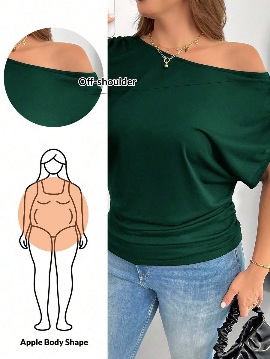 SHEIN Essnce 大码女装春夏时尚休闲宽松舒适日常百搭修身黑色露肩短袖T恤,简约风格,适合工作场合、欧洲夏季、露肩上衣、女士教堂着装、教师服装 - 墨綠色 - 查看 1