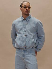 Musero Oversized Zip Through Collared Denim Jacket Clasp Clip Style Fastening Drop Shoulder Hidden Placket Jean Jacket Winter Essentials - Baby Blue - View 5