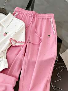 Conjunto de camiseta polo y pantalones con bordado de fresa, bordado de concha artesanal, estilo minimalista de moda para mujer, regalo para amigos - Rosa vieja - Ver 2