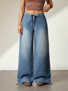 Flexra Quần jeans ống rộng nữ, cạp chun, kiểu dáng thường ngày, đa năng, thích hợp mặc hàng ngày. - Rửa nhẹ - Xem 5