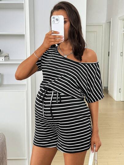 SHEIN Pregnant Women's Striped Round Neck Short Sleeve Drawstring Waist Casual Jumpsuit