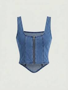 SHEIN MOD 女士休闲百搭牛仔上衣，适合日常穿着 - 中等水洗藍 - 查看 2