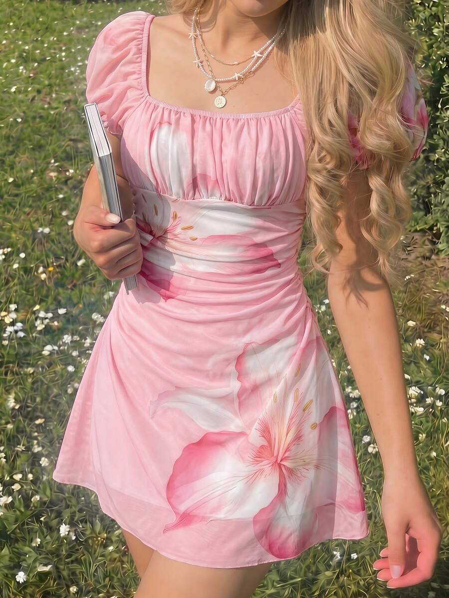 少女碎花泡泡袖方领褶皱腰A字迷你连衣裙，女士度假连衣裙，适合海滩、音乐节、派对等场合 - 淺粉色 - 查看 1