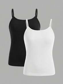 SHEIN Girlism Áo hai dây đơn giản, ôm dáng, dễ phối đồ cho bé gái tuổi teen (2 chiếc/bộ) - Nhiều màu - Xem 1