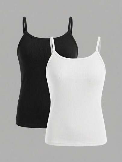 SHEIN Girlism Áo hai dây đơn giản, ôm dáng, dễ phối đồ cho bé gái tuổi teen (2 chiếc/bộ)