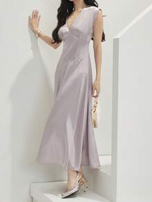 Heiryn Đầm dài thanh lịch cổ chữ V màu trơn dành cho nữ, thắt eo. - Bụi hồng - Xem 5