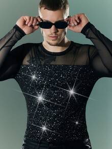 Men's Round Neck Long Sleeve T-Shirt, Men's Mesh Patchwork T-Shirt - Black - View 3