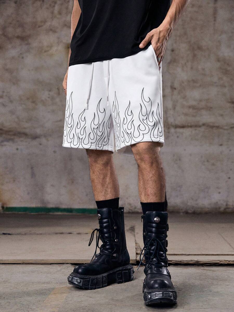Skyrend Men's Drawstring Waist Flame Print Casual Versatile Daily Wear Shorts Graphic Shorts Flame Shorts White Shorts Drawstring Shorts Fire Shortsemo Grunge - White - View 1