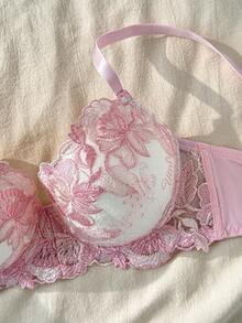 CottageSlumber Pink Floral Embroidery 3/4 Cup Padded Push Up Underwire Comfortable Romantic Countryside Style Ladies Bra - Pink - View 5
