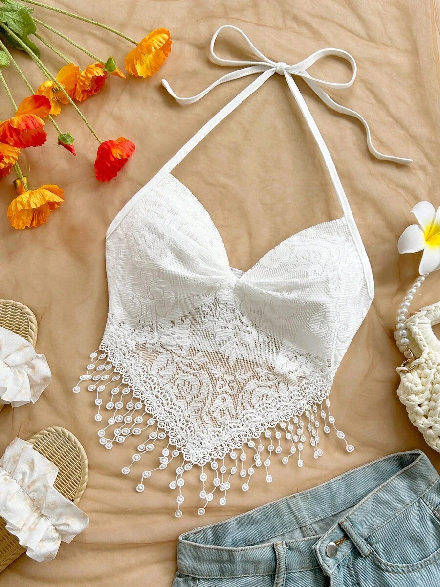 SHEIN WYWH Women's Lace Patchwork Halter Tie Casual Versatile Daily Wear Top - White - View 1