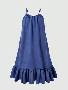 SHEIN Đầm bé gái màu xanh dương hai dây, viền bèo nhún, kiểu dáng thường ngày, thích hợp cho kỳ nghỉ xuân/hè. - Màu xanh lam - Xem 5