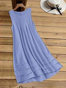 Rusticease Plus Size Women Casual Solid Color Sleeveless Dress, Summer - Blue - View 7