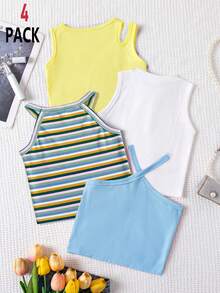 SHEIN Genkimix Kids Bộ 4 áo thun cổ tròn dáng rộng, đa năng cho bé gái, thích hợp mặc hàng ngày. - Nhiều màu - Xem 2