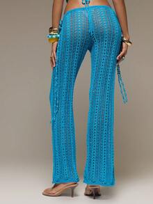 MUSERA Sequin Crochet Knit Low Rise Tie Side Straight Leg Trousers Pants Only Summer Vacation Holiday Festival Rave Beach Carnival - Blue - View 4
