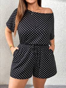 SHEIN Essnce Bộ áo liền quần cỡ lớn dành cho nữ, họa tiết chấm bi, thiết kế bất đối xứng, thắt eo. - Nhiều màu - Xem 3
