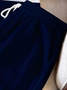 Manfinity Joysei Men's Color Block Letter Print Crew Neck Top And Shorts Casual Daily Suit, Holiday - Navy Blue - View 4