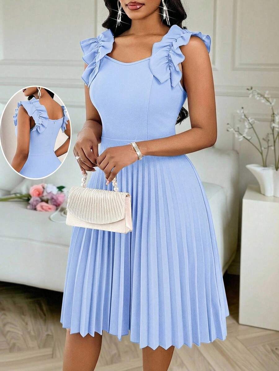 SHEIN Lady 女士褶皱荷叶边V领无袖短裙 - 淺藍色 - 查看 1