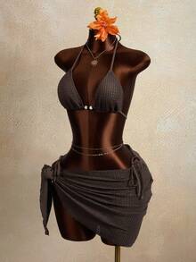 Zestiva Women's Textured Fabric Contrast Color Beaded Triangle Cup Tie-Up Design 3 PiecesSwimsuit Set, Summer Beach Party Holiday Style - Brown - View 4