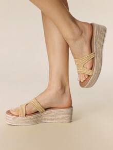 Styleloop 女士时尚纯色编织休闲坡跟凉鞋，波西米亚度假风复古帆布坡跟穆勒拖鞋，西部风格，音乐节派对服装，春夏鞋履，春假复活节 - 杏色5 - 查看 4