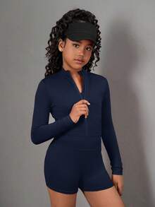 SHEIN Girlism Tween Girl 3 Pieces Set: Long Sleeve Mock Neck Zip-Up Top, Camisole, And Leggings - Navy Blue - View 3