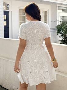 SHEIN EZwear Plus Size Summer Vacation Hollow Out Embroidery Front Drawstring Dress - White - View 2