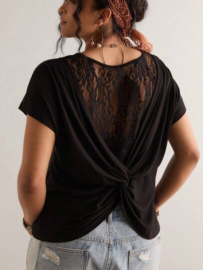 Freevana Plus Size Women Lace Patchwork Casual Versatile Daily Wear T-Shirt