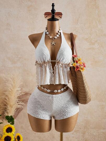 Bellisia Bộ đồ 3 món phong cách retro Y2K Boho vải dệt họa tiết dễ thương cho bé gái 2026SS, áo vest và áo hai dây bikini thường ngày cho nữ đi nghỉ mát, đi biển.