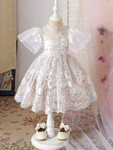 Baby Girl White Floral Summer Elegant Wedding Guest Dress,Stand Collar Short Sleeve Ruffle Hem Lace White Dress,Fashion Casual Dresses For Girls - White - View 4
