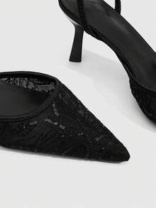 CUCCOO SZL Women's Embroidered Mesh Design Pointed Toe Asymmetric Heel High Heels, Romantic Elegant Stylish Mesh Pumps With Exposed Heel For Formal Occasions, Dates, Afternoon Tea, Weddings, Parties, Valentine's Day Spring Shoes - Black F - View 5