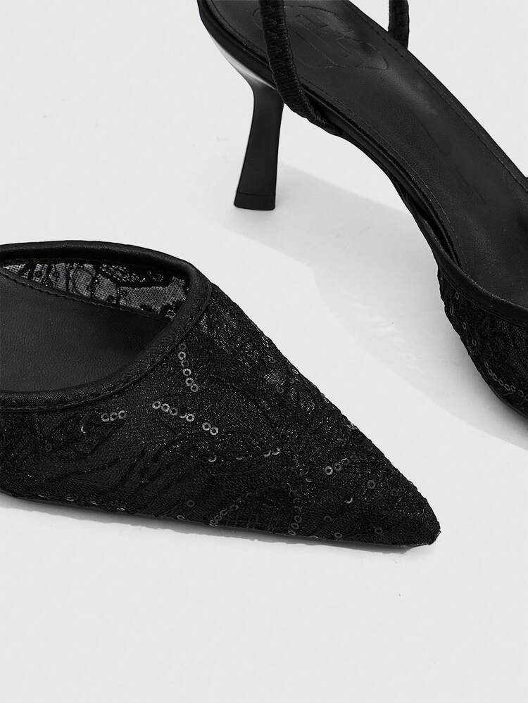 CUCCOO SZL Women's Embroidered Mesh Design Pointed Toe Asymmetric Heel High Heels, Romantic Elegant Stylish Mesh Pumps With Exposed Heel For Formal Occasions, Dates, Afternoon Tea, Weddings, Parties, Valentine's Day Spring Shoes