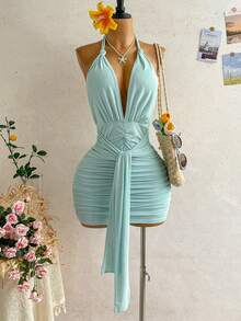 SHEIN WYWH Women's Light Blue V-Neck Mini Dress, Vacation - Baby Blue - View 3