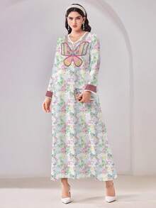 SHEIN Najma 休闲简约蝴蝶印花优雅阿拉伯风格连衣裙 - 彩色 - 查看 3