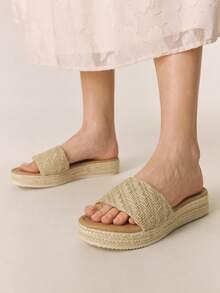 Styleloop Ladies Fashion Woven Casual Platform Sandals, Upper Crossstrap Decorative Bohemian Vacation Vintage French Canvas Wedge Heel Platform Mueller Slippers, Western Style, Music Festival Party Clothing, Spring Summer Shoes Spring Break Easter Summer Shoes - Apricot 5 - View 9