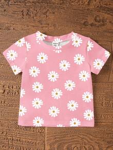SHEIN 两件套女童粉色休闲甜美度假风雏菊印花圆领短袖T恤和针织修身短裤套装，女童休闲舒适T恤套装日常穿搭，夏季 - 彩色 - 查看 6
