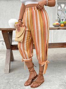 EMERY ROSE Plus Size High Waist Drawstring 7/8 Pants, Spring/Summer - Coral Pink - View 3