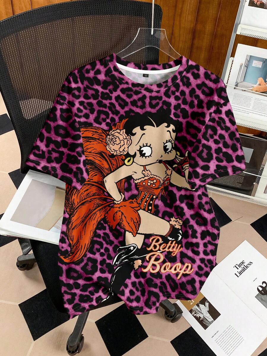 Betty Boop x SHEIN Áo thun nam tay ngắn cổ tròn in họa tiết da báo, in toàn thân. - trắng - Xem 1