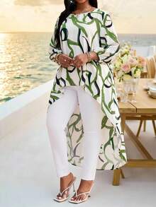 SHEIN Lady 春夏优雅通勤办公休闲波西米亚风彩色编织圆领高低袖七分袖大码T恤 大码衬衫 - 彩色 - 查看 3