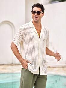 Mercer Haus Men's Cuban Collar Lace Knitted Short Sleeve Button-Up Shirt - Apricot - View 5